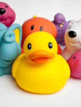 close-up of non-toxic rubber duckie and other non-toxic bath toys