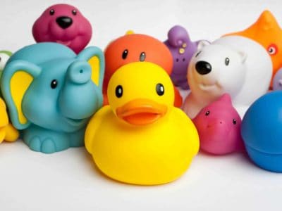 close-up of non-toxic rubber duckie and other non-toxic bath toys