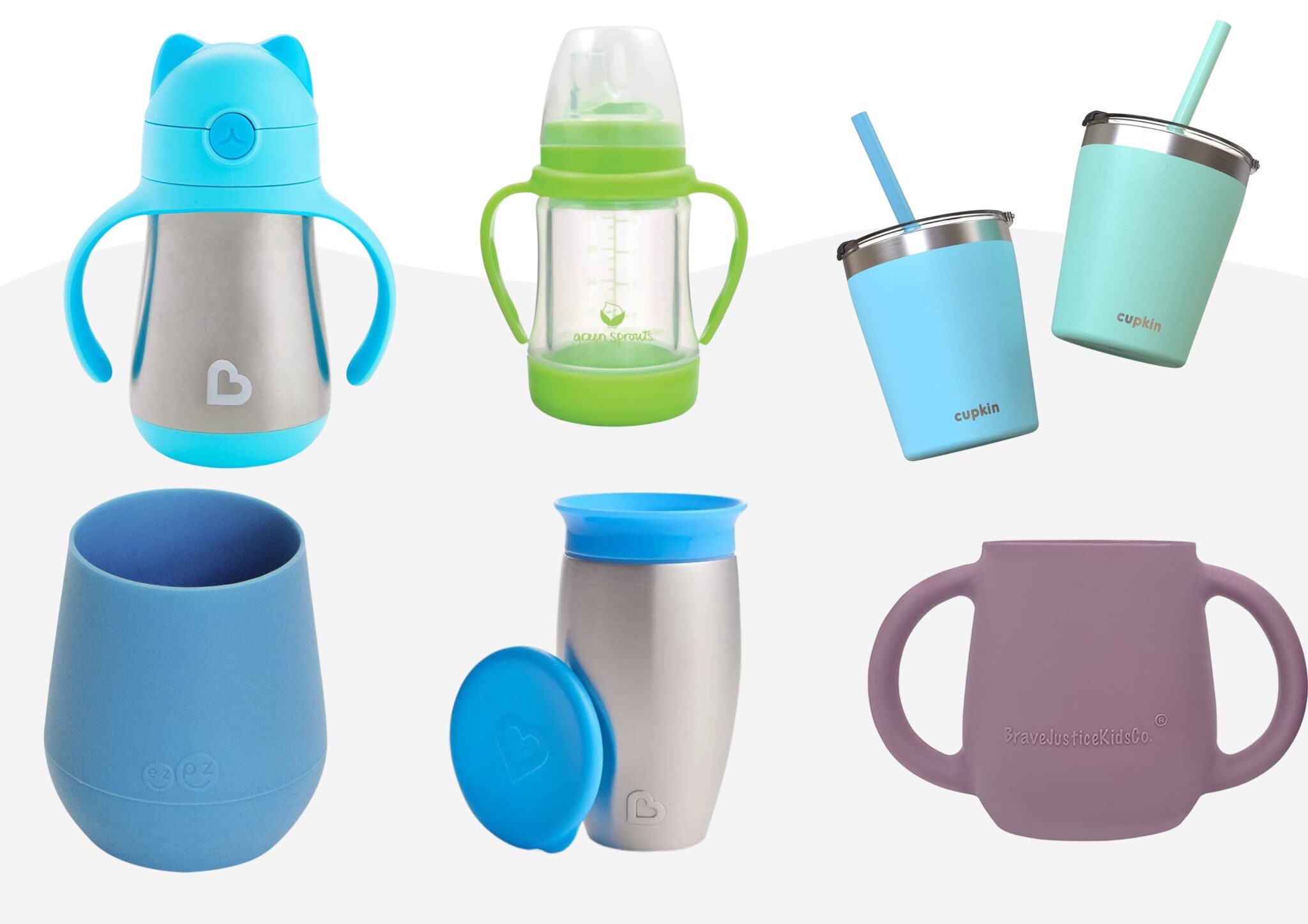 collage image of sippy cup alternatives including straw cups, bottles, and open toddler cups