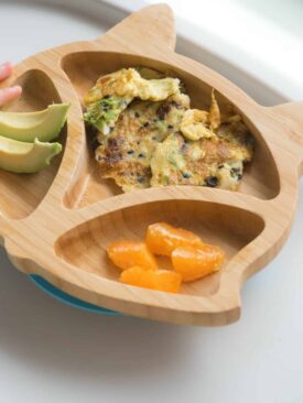 wooden toddler plate with finger foods for baby-led weaning