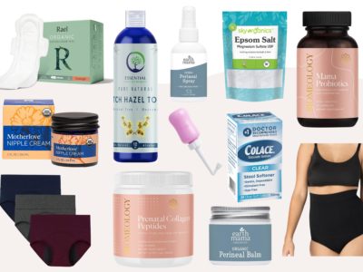 collage image of postpartum care kit essentials