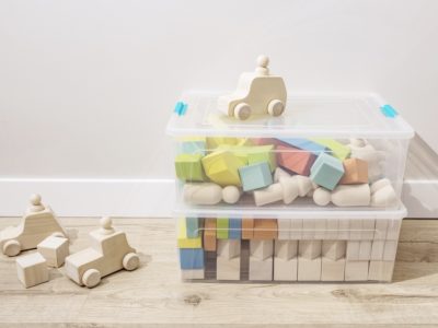 toy rotation example - wooden toys in plastic bins for rotation